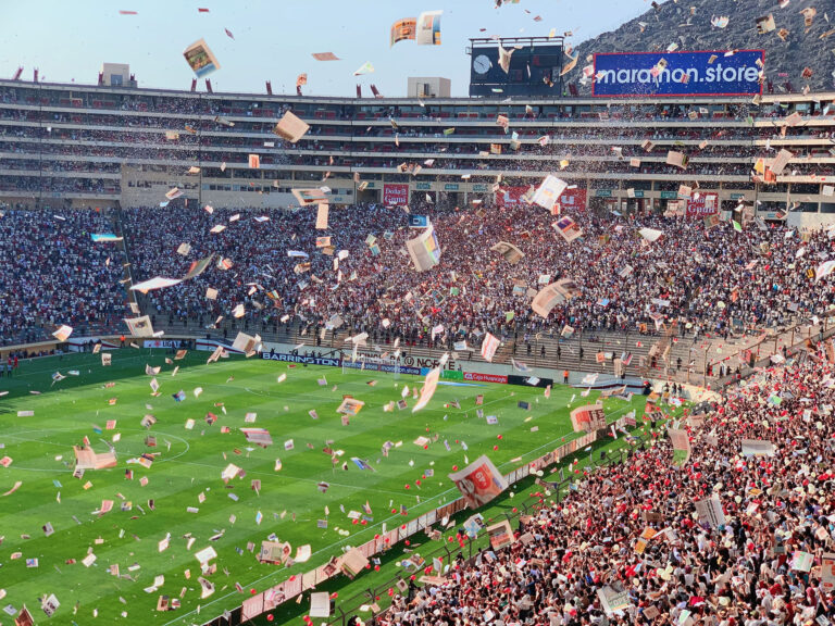 Une foule enthousiaste lance des prospectus sur le terrain de foot.
